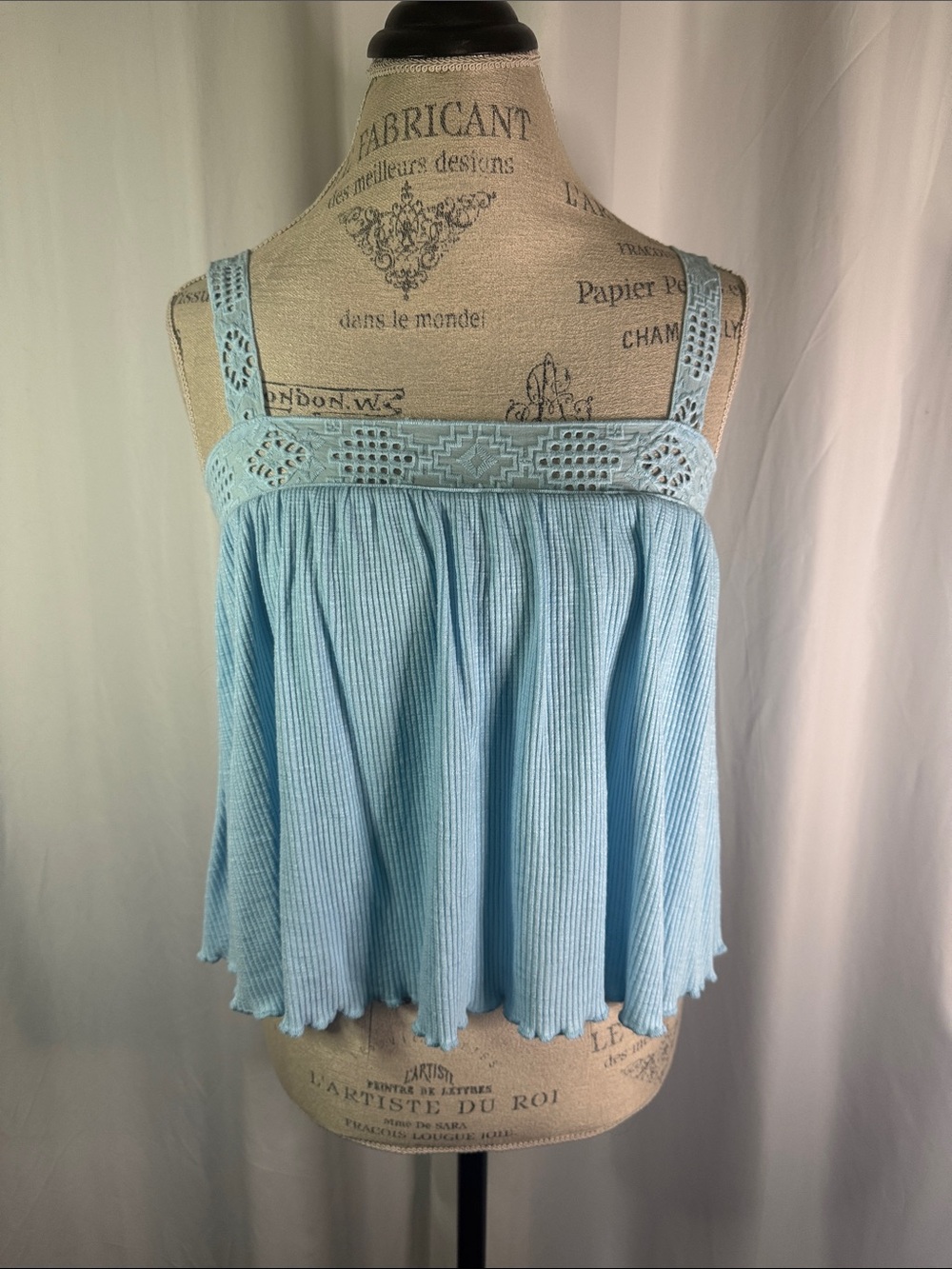 Rewind Light Blue Crochet-Trim Ribbed Camisole